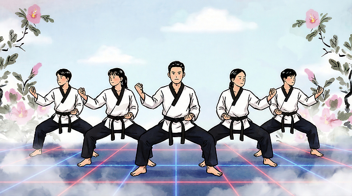 JPG 전통 무기 포즈 백그라운드 일러스트 운동선수 한국 기술 경기 스크린 무대 무도 킥 집중 체육 연습 동료 태권도 무궁화 교훈 국내일러스트 AI일러스트 AI콘텐츠 꽃 아시아 스포츠 컨셉 관계 모션 격투기 파일형식