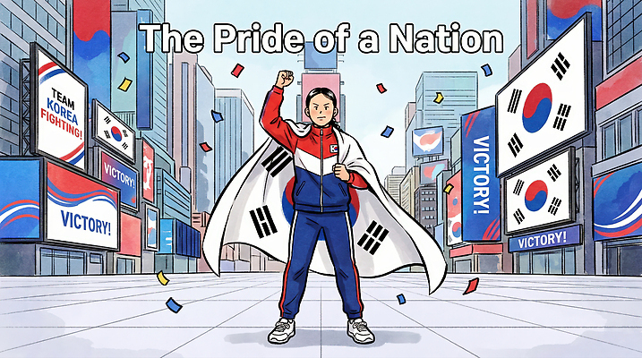 JPG 옷 남자 나라 문화 상징 일러스트 응원 모션 협력 거리 한국 이벤트 캐주얼 축제 현수막 우승 태극기 퍼포먼스 시민 자부심 국내일러스트 AI일러스트 AI콘텐츠 아시아 사람 최고 국기 국민 파일형식