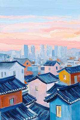 JPG 전통 예술 컬러 일러스트 창문 하늘 지붕 거리 한옥 아파트 서울 그림자 풍경 건물 일상 생활 일몰 도시 그림 한옥마을 경관 국내일러스트 AI일러스트 AI콘텐츠 한국전통 건축물 고건축 주택 한국 라이프 마을 노을 파일형식