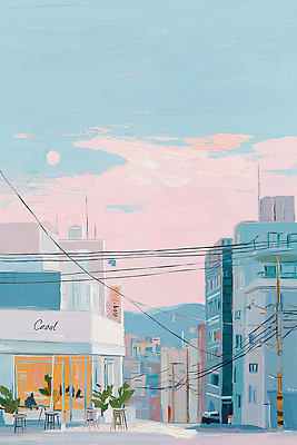 JPG 식물 의자 일러스트 탁자 하늘 거리 서울 풍경 건물 일상 식사 카페 전선 도시 저녁 초승달 모던 부산 국내일러스트 AI일러스트 AI콘텐츠 건축물 가구 한국 라이프 상점 달 야간 파일형식