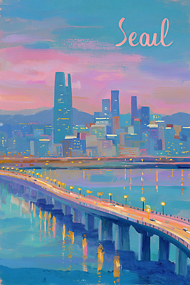 JPG 물결 야경 일러스트 하늘 조명 산 거리 서울 풍경 빌딩 여름 빛 강 반사 노을 일몰 도시 저녁 강가 국내일러스트 AI일러스트 AI콘텐츠 자연요소 계절 한국 건물 야간 파일형식 풍경_경치