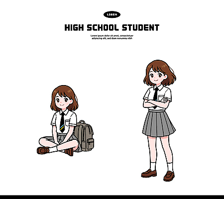 캐릭터 학생 여학생 교육 패션 교복 가방 일러스트 학교 모션 청소년 고등학생 서기 미소 앉기 친구 귀여움 그룹 그림 국내일러스트 AI파일 잡화 옷 여자 컨셉 관계 표정 사람 파일형식 벡터