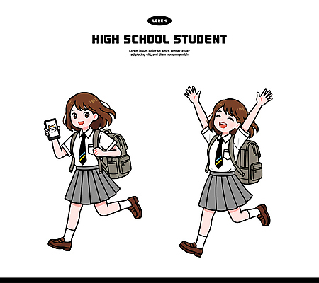 학생 잡화 옷 여자 교육 감정 컨셉 관계 모션 청소년 표정 핸드폰 스마트기기 파일형식 벡터 고등학생 스마트폰 가방 달리기 웃음 학교 이동 즐거움 여학생 교복 학습 친구 생활 등하교 소통 기술 청춘 AI파일 일러스트 국내일러스트