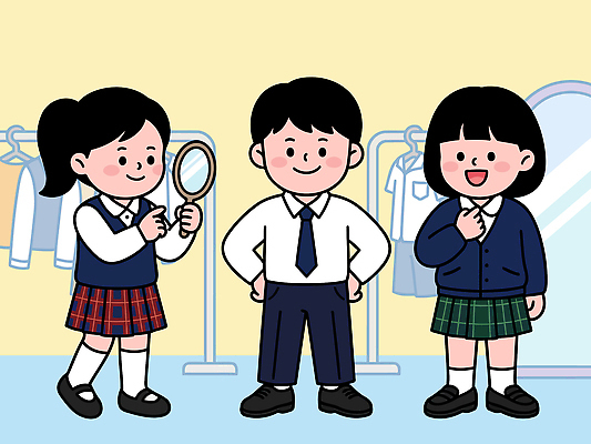 학생 옷 패션 교복 일러스트 교실 학교 모션 놀이 초등학교 이야기 웃음 친구 유치원 거울 옷걸이 즐거움 신학기 장면 국내일러스트 AI파일 교육 감정 관계 표정 파일형식 벡터