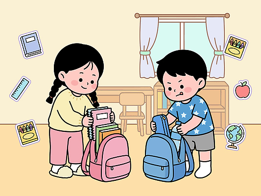 잡화 여자 교육 어린이 학교 관계 문구용품 학용품 사람 파일형식 벡터 교실 가방 소녀 남자 책 준비 친구 색연필 공책 스티커 학습 놀이 시간 수업 장면 모션 유치원 초등학교 AI파일 일러스트 국내일러스트 학생 신학기