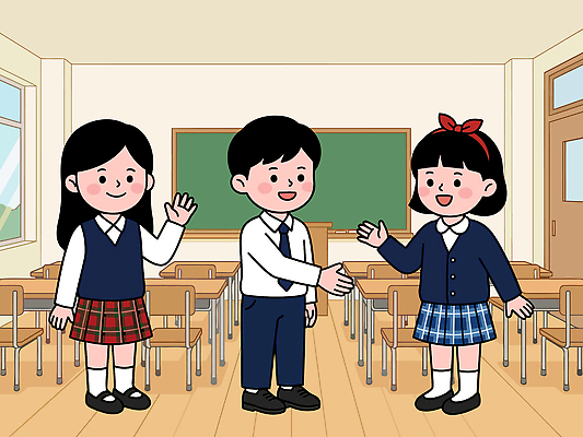 학생 교육 교복 어린이 일러스트 교실 학교 모션 수업 악수 대화 친구 학습 교사 만남 인사 책상 신학기 소통 손흔들기 국내일러스트 AI파일 직업 옷 가구 컨셉 관계 말하기 사람 손짓 예절 파일형식 벡터