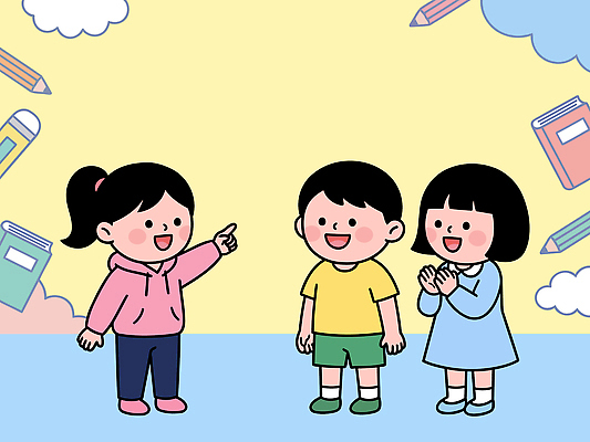 캐릭터 학생 교육 어린이 컬러 백그라운드 일러스트 교실 놀이 동화 학용품 함께함 이야기 대화 웃음 친구 표현 즐거움 신학기 그림 소통 국내일러스트 AI파일 감정 컨셉 학교 관계 문구용품 표정 말하기 사람 파일형식 벡터