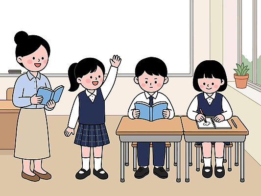 직업 교육 컨셉 학교 관계 모션 교재 파일형식 벡터 교실 교사 학생 책 읽기 질문 작업 집중 학습 친구 협력 수업 학습지 교과서 발표 AI파일 일러스트 국내일러스트 신학기