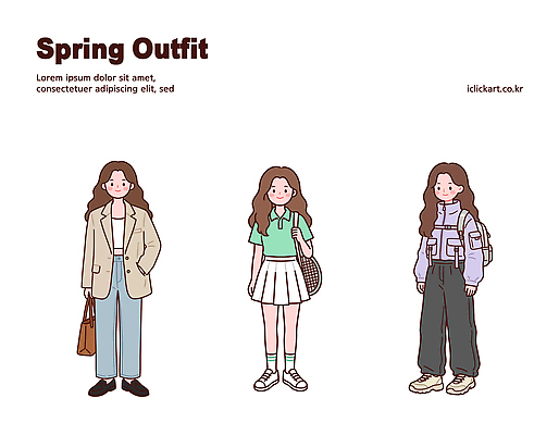 드레스 옷 패션 운동화 티셔츠 일러스트 장신구 바지 캐주얼 치마 유행 봄 재킷 청바지 편안함 그림 후드티셔츠 봄옷 스타일링 스타일 국내일러스트 AI파일 계절 신발 셔츠 하의 외투 감각 파일형식 벡터