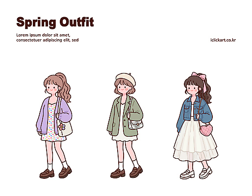 모델 옷 원피스 여자 패션 리본 컬러 신발 패턴 가방 일러스트 장신구 양말 캐주얼 치마 봄 코디 봄옷 스타일 국내일러스트 AI파일 잡화 계절 무늬 하의 사람 파일형식 벡터