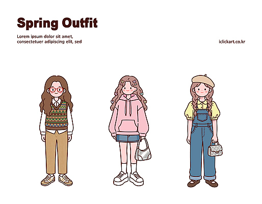 캐릭터 디자인 옷 여자 패션 신발 가방 일러스트 바지 사람 캐주얼 봄 스웨터 그림 후드티셔츠 봄옷 스타일 스트리트패션 국내일러스트 AI파일 잡화 계절 상의 티셔츠 하의 파일형식 벡터