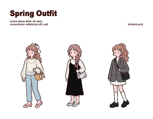 캐릭터 헤어스타일 디자인 드레스 옷 여자 패션 포즈 신발 티셔츠 가방 일러스트 장신구 봄 청바지 봄옷 스타일 국내일러스트 AI파일 잡화 계절 셔츠 바지 사람 파일형식 벡터