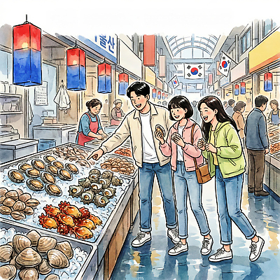 JPG 문화 음식 바다 여행 일러스트 조개 디저트 한국 어류 친구 판매 게 시골 시장 상인 해산물 구경 수산시장 고향 한정식 산지직송 국내일러스트 AI일러스트 AI콘텐츠 아시아 한식 관계 어패류 갑각류 수중동물 정식 파일형식 직송