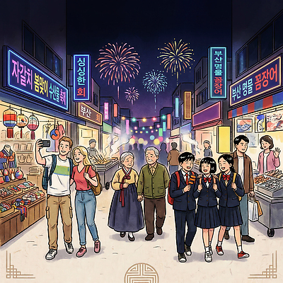 JPG 문화 음식 여행 일러스트 가족 놀이 거리 불꽃놀이 거리풍경 이벤트 여러명 친구 쇼핑 상점 축제 도심 군중 구경 즐거움 수산시장 부산 국내일러스트 AI일러스트 AI콘텐츠 감정 다수 관계 한국 사람 풍경 도시 시장 파일형식