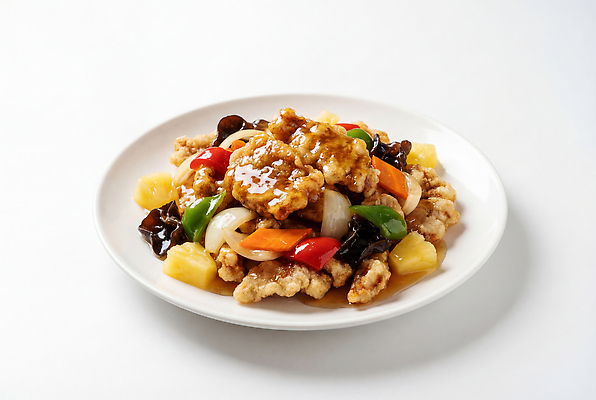 JPG 편집이미지 접시 음식 컬러 채소 양파 요리 중식 식사 튀김 파인애플 탕수육 조화 편집실사 AI포토 AI콘텐츠 식기 과일 CG 열대과일 파일형식