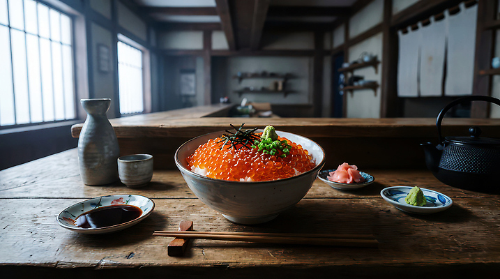 JPG 편집이미지 전통 그릇 밥 술병 요리 주방 식당 고추냉이 덮밥 간장 연어알 일본음식 편집실사 AI포토 AI콘텐츠 식기 음식 병_용기 주류 상점 알 양념 CG 파일형식