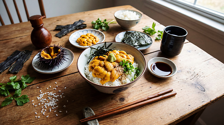 JPG 편집이미지 음식 재료 식탁 밥 요리 식사 김 해산물 덮밥 간장 성게알 일본음식 편집실사 AI포토 AI콘텐츠 탁자 알 양념 해조류 CG 파일형식