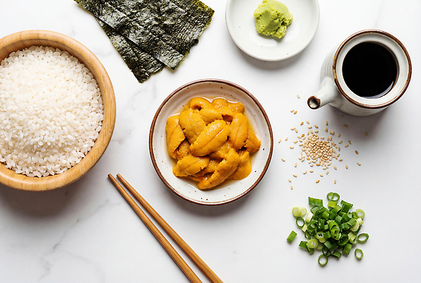 JPG 편집이미지 재료 요리 주방 식사 쌀 해조류 고추냉이 덮밥 간장 쪽파 성게알 흰밥 일본음식 편집실사 AI포토 AI콘텐츠 음식 밥 곡류 알 양념 해양식물 CG 파 파일형식