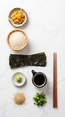 JPG 편집이미지 재료 밥 요리 식사 김 고추냉이 해산물 덮밥 간장 파 성게 성게알 요리준비 참깨 일본음식 편집실사 AI포토 AI콘텐츠 음식 채소 극피동물 알 양념 해조류 CG 준비 깨 파일형식