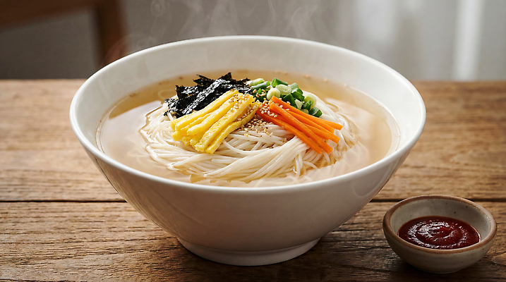 JPG 편집이미지 한식 음식 요리 계란 식사 당근 면류 뜨거움 고명 김 국수 국물 대파 나무탁자 잔치국수 편집실사 AI포토 AI콘텐츠 탁자 뿌리채소 알 해조류 CG 파 파일형식