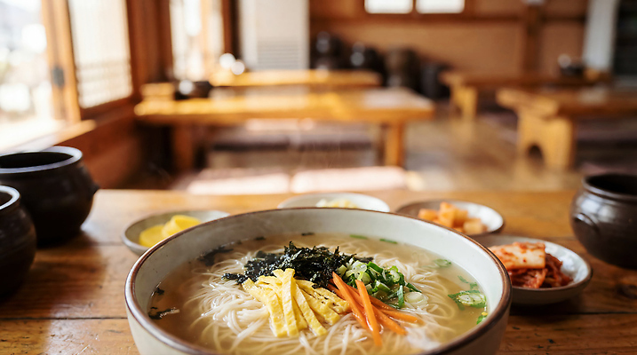 JPG 편집이미지 전통 한식 탁자 반찬 김치 요리 식사 면류 국수 잔치국수 편집실사 AI포토 AI콘텐츠 음식 가구 CG 파일형식