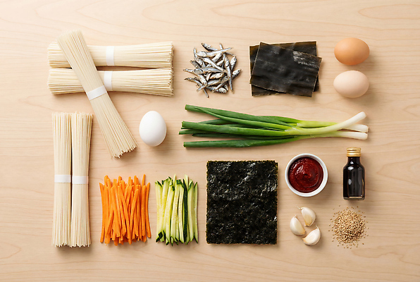 JPG 편집이미지 재료 오이 마늘 어류 요리 계란 당근 면류 고추장 김 쪽파 잔치국수 참기름 편집실사 AI포토 AI콘텐츠 음식 채소 뿌리채소 알 수중동물 양념 해조류 기름_음식 CG 국수 파 파일형식