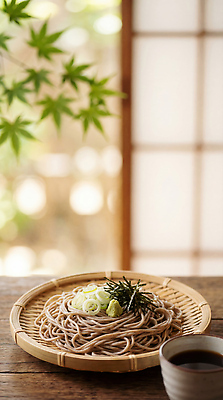 JPG 편집이미지 전통 나뭇잎 쟁반 요리 일본 식사 면류 메밀국수 간장 일본음식 편집실사 AI포토 AI콘텐츠 아시아 음식 잎 양념 CG 파일형식