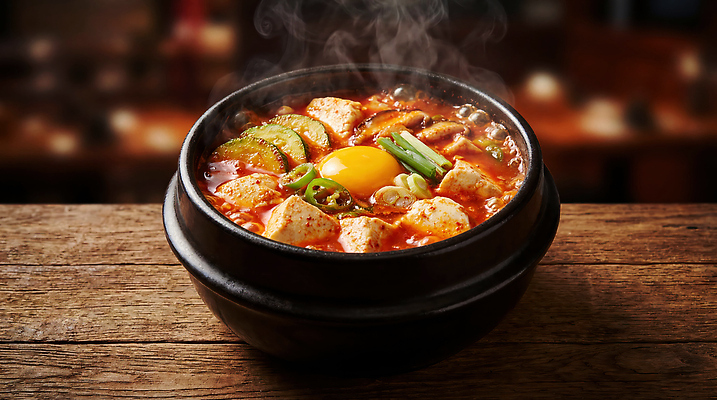 JPG 편집이미지 전통 그릇 한식 채소 탁자 요리 식사 뜨거움 두부 국물 순두부찌개 편집실사 AI포토 AI콘텐츠 식기 음식 가구 찌개 CG 파일형식