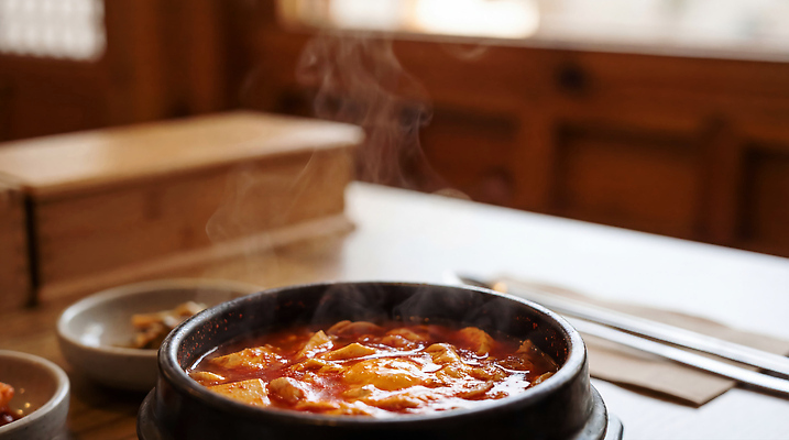 JPG 편집이미지 전통 음식 탁자 반찬 한국 따뜻함 요리 식사 찌개 순두부찌개 편집실사 AI포토 AI콘텐츠 아시아 가구 CG 파일형식