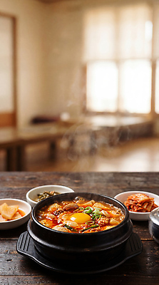 JPG 편집이미지 한식 음식 식탁 반찬 따뜻함 요리 식사 국물 순두부찌개 맛있는 편집실사 AI포토 AI콘텐츠 탁자 찌개 CG 파일형식