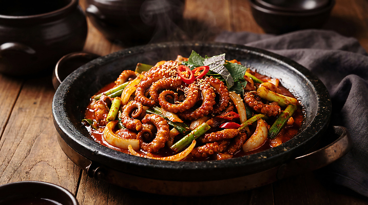 JPG 편집이미지 한식 채소 식탁 요리 해산물 주꾸미 쭈꾸미볶음 편집실사 AI포토 AI콘텐츠 음식 탁자 연체동물 수중동물 CG 볶음 파일형식