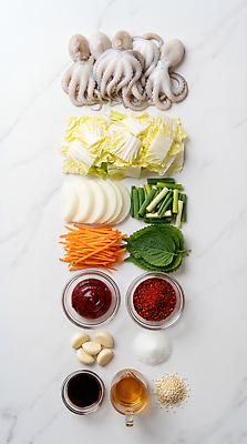 JPG 편집이미지 음식 채소 재료 양파 요리 당근 양념 설탕 준비 간장 대파 고춧가루 다진마늘 식초 주꾸미 쭈꾸미볶음 편집실사 AI포토 AI콘텐츠 연체동물 뿌리채소 수중동물 가루 CG 볶음 파 파일형식