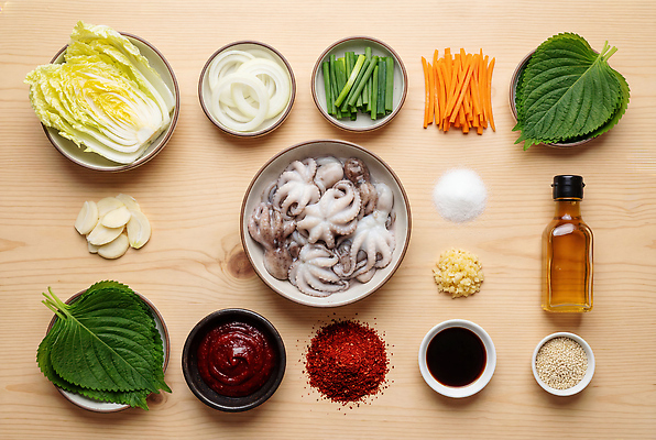 JPG 편집이미지 채소 재료 마늘 요리 양념 고추장 간장 소금 생강 식초 주꾸미 쭈꾸미볶음 참기름 편집실사 AI포토 AI콘텐츠 연체동물 수중동물 기름_음식 CG 볶음 파일형식