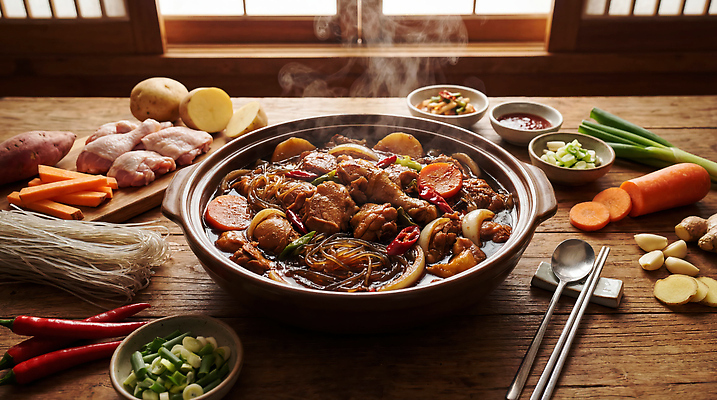 JPG 편집이미지 한식 채소 재료 탁자 양파 감자 요리 식사 당근 고구마 간장 국물 닭찜 찜닭 청양고추 편집실사 AI포토 AI콘텐츠 음식 가구 고추 뿌리채소 양념 CG 찜 닭고기요리 파일형식