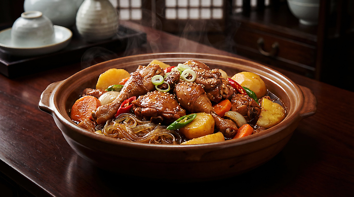 JPG 편집이미지 음식 채소 육류 요리 식사 닭고기 당근 양념 국물 찜닭 편집실사 AI포토 AI콘텐츠 식재료 뿌리채소 CG 닭고기요리 파일형식