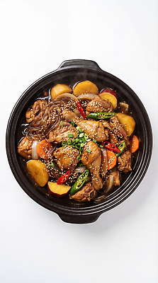 JPG 편집이미지 한식 음식 재료 고추 양파 감자 한국 요리 당근 뚝배기 찜 깨 찜닭 편집실사 AI포토 AI콘텐츠 아시아 채소 식재료 뿌리채소 조미료 CG 닭고기요리 파일형식