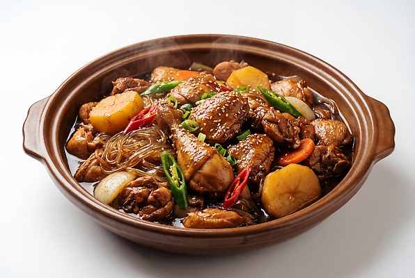 JPG 편집이미지 전통 한식 음식 채소 고추 양파 감자 요리 닭고기 뜨거움 찜 국물 대파 찜닭 편집실사 AI포토 AI콘텐츠 육류 CG 파 닭고기요리 파일형식