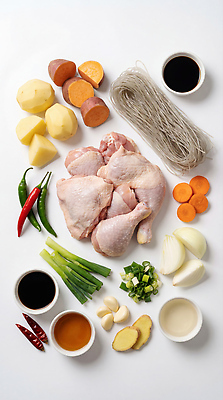 JPG 편집이미지 재료 고추 양파 감자 마늘 요리 닭고기 당근 설탕 국수 고구마 간장 생강 대파 식초 찜닭 편집실사 AI포토 AI콘텐츠 음식 채소 뿌리채소 육류 면류 양념 CG 파 닭고기요리 파일형식