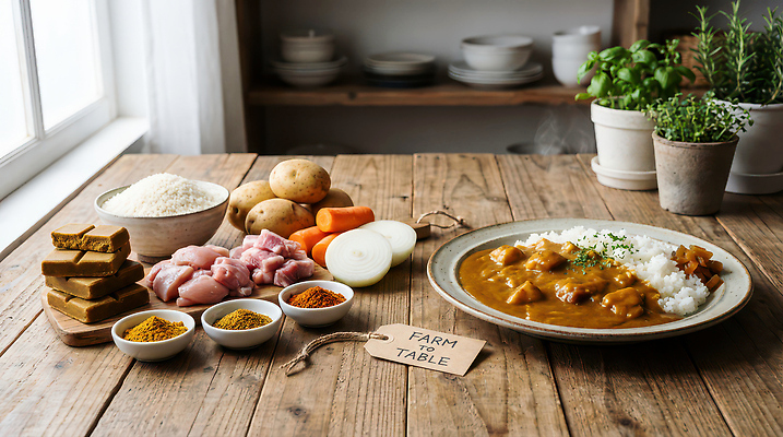 JPG 편집이미지 음식 재료 탁자 밥 양파 감자 육류 요리 식사 당근 카레 편집실사 AI포토 AI콘텐츠 가구 채소 식재료 뿌리채소 CG 파일형식