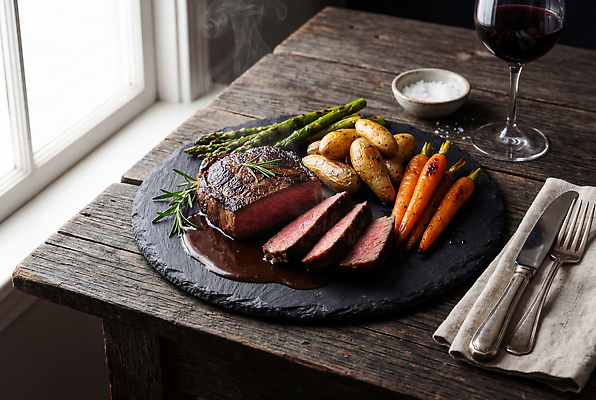 JPG 편집이미지 접시 탁자 육류 스테이크 요리 와인 식사 당근 아스파라거스 구운감자 편집실사 AI포토 AI콘텐츠 식기 가구 채소 식재료 감자 뿌리채소 주류 서양음식 CG 파일형식