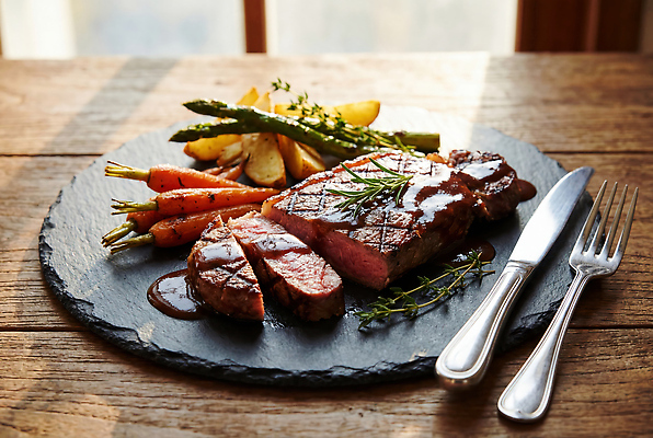 JPG 편집이미지 식기 포크 식탁 육류 스테이크 요리 레스토랑 식사 당근 소고기 아스파라거스 편집실사 AI포토 AI콘텐츠 채소 식재료 탁자 뿌리채소 서양음식 식당 CG 파일형식