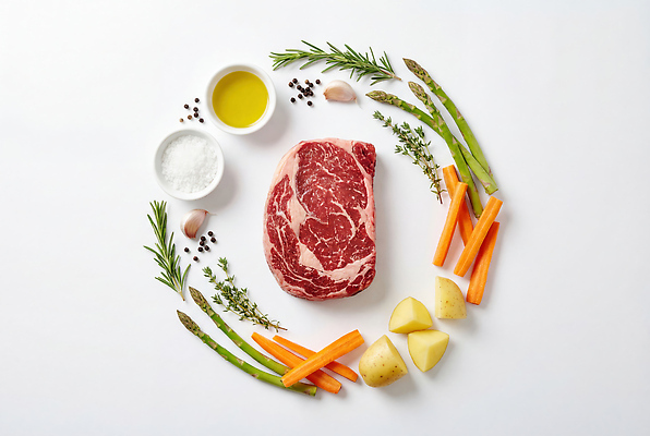 JPG 편집이미지 채소 식재료 감자 육류 스테이크 요리 당근 신선 올리브오일 허브 준비 아스파라거스 소금 편집실사 AI포토 AI콘텐츠 식물 뿌리채소 서양음식 기름_음식 CG 파일형식