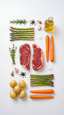 JPG 편집이미지 채소 재료 감자 마늘 육류 스테이크 요리 식사 당근 올리브오일 허브 아스파라거스 소금 후추 편집실사 AI포토 AI콘텐츠 식물 식재료 뿌리채소 서양음식 기름_음식 향신료 CG 파일형식