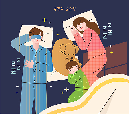행복 어린이 일러스트 가족 휴식 건강 일상 부모 침대 잠 수면 개 편안함 숙면 국내일러스트 AI파일 감정 가구 컨셉 포유류 관계 사람 라이프 감각 파일형식 벡터