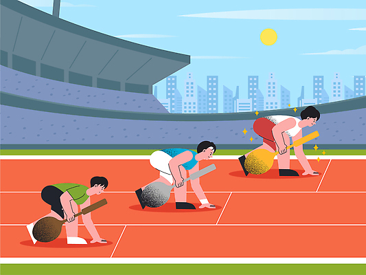 남자 스포츠 일러스트 운동선수 경기 운동복 달리기 힘 경쟁 경기장 비교 준비 출발 트랙 계급 양극 은수저 흙수저 금수저 국내일러스트 AI파일 옷 컨셉 스포츠시설 모션 수저 사람 숟가락 파일형식 벡터