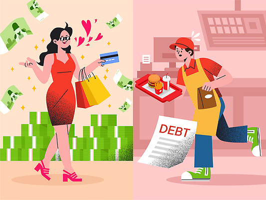 음식 돈 일러스트 패스트푸드 경제 쇼핑 쇼핑백 상점 거래 비교 소비 구매 고객 직원 결제 아르바이트 빚 양극 국내일러스트 AI파일 컨셉 가방 재산 인스턴트 파일형식 벡터