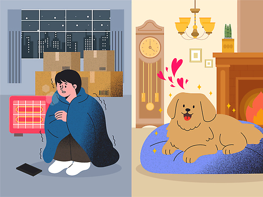 남자 행복 일러스트 휴식 실내 따뜻함 생활 반려동물 이불 추위 비교 개 편안함 담요 양극 전기난로 국내일러스트 AI파일 동물 감정 컨셉 포유류 침구 사람 내부 감각 파일형식 벡터