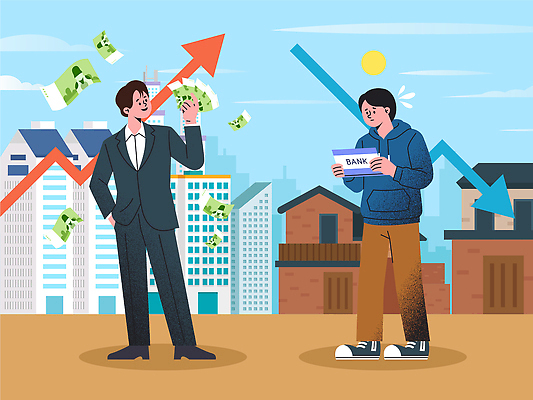 남자 돈 일러스트 그래프 주택 건물 금융 경제 거래 도시 비교 하락 투자 상승 수익 부동산가격 양극 국내일러스트 AI파일 건축물 컨셉 비즈니스 부동산 사람 재산 파일형식 벡터