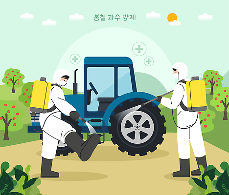 농업 일러스트 두명 농작물 농사 장비 농촌 작업 보호 농부 트랙터 사과나무 농약 방제복 분무 소독 국내일러스트 AI파일 나무 직업 산업 컨셉 사람 시골 사과 농기계 특수차량 파일형식 벡터