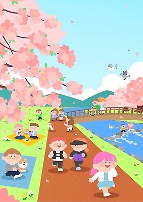 공원 행복 어린이 일러스트 가족 조류 사람 여러명 물 친구 소풍 걷기 자전거 축제 봄 벚꽃 국내일러스트 AI파일 자연요소 동물 계절 공공시설 꽃 감정 다수 관계 모션 야외활동 바이크 파일형식 벡터